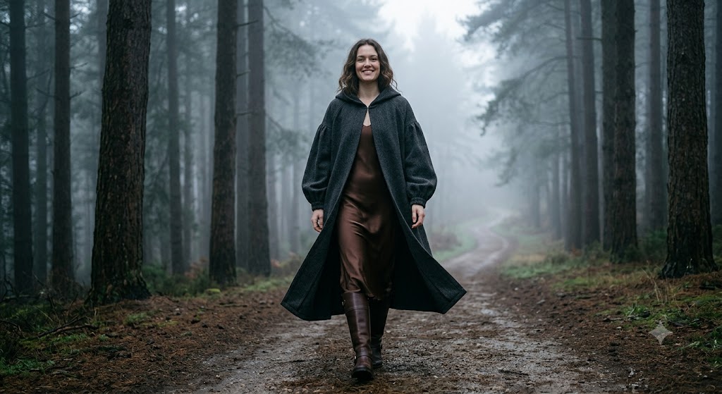 Vintage Poet-Sleeve Trench Cloak and Silk Slip